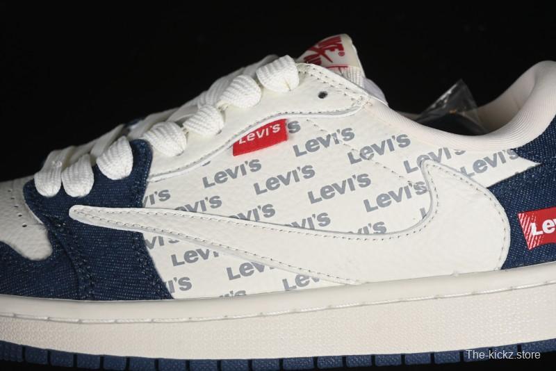 Nike Travis Scott x Fragment Design x Air Jordan 1 Low OG SP AJ1 Levi's Collaboration - White Blue Canvas Low Top Casual Sneakers - JH6088-605