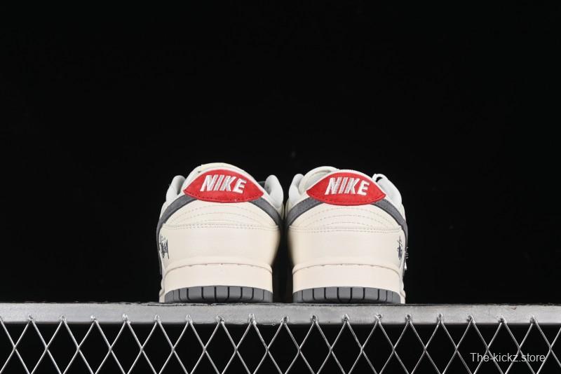 Nike SB Dunk Low Stussy Collaboration - Grey Pigskin Red Tail Anniversary High-End Custom Low-Top Casual Skate Shoes - XY2025-015