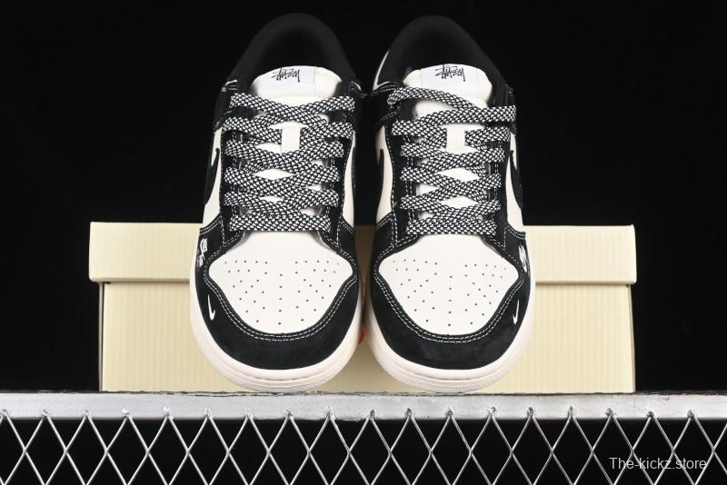 Nike SB Dunk Low Supreme x Stussy Triple Collaboration - Black White Black Swoosh Anniversary Custom Low Top Casual Skate Shoes - SJ2068-300