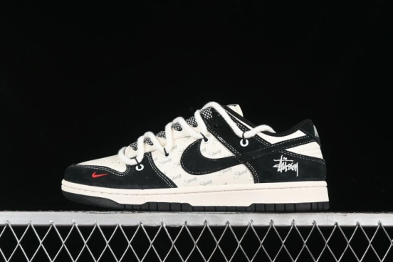 Nike SB Dunk Low Stussy Collaboration - White Embroidery Black Swoosh Anniversary Custom Low-Top Casual Sneakers - SJ2068-311