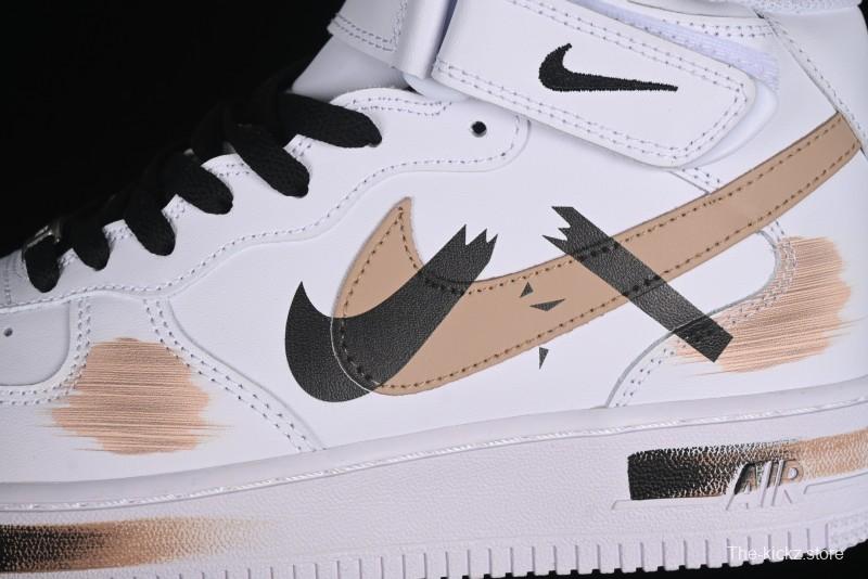 Nike Air Force 1 '07 Mid Hand-Painted White Black Brown with Swoosh Shadow Strap Mid-Top Casual Sneakers - CW2289-111