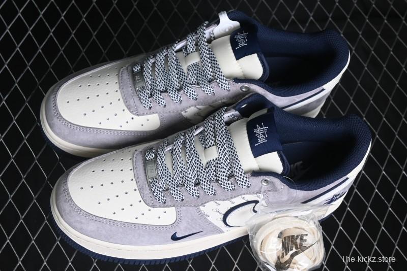 Nike Air Force 1 '07 Low Stussy Collaboration - Grey White with Blue Outsole Low-Top Casual Sneakers - SJ6698-006