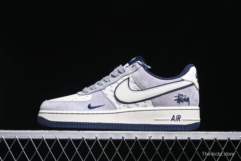 Nike Air Force 1 '07 Low Stussy Collaboration - Grey White with Blue Outsole Low-Top Casual Sneakers - SJ6698-006