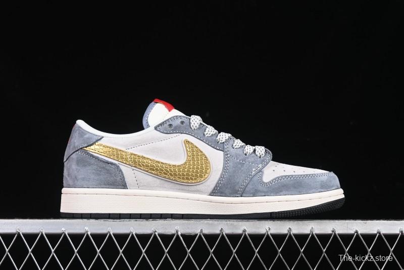 Nike Travis Scott x Fragment Design x Air Jordan 1 Low OG SP AJ1 Snake Year Limited Gold Snake Low-top Casual Sneakers - XZ2025-288
