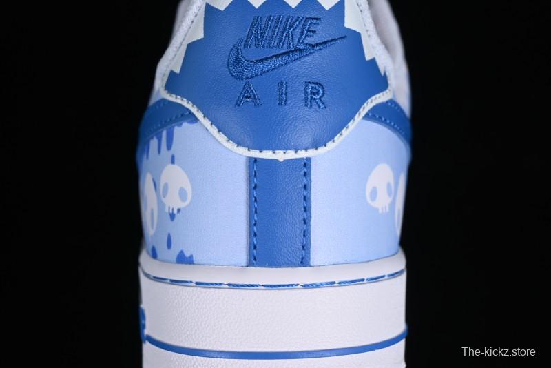 Nike Air Force 1 '07 Low Witch Collaboration Custom Leather Sneakers with Skull Design and Gradient White-Blue - CW2288-111