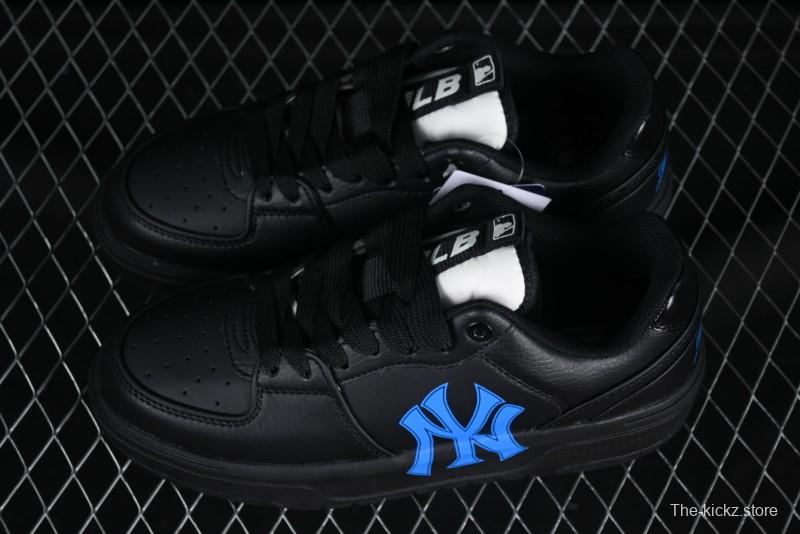NY Yankees Black Leather Sneakers with Bold Blue Logo