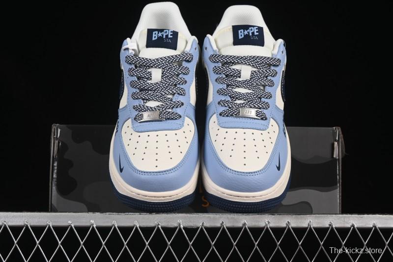 Nike Air Force 1 '07 Low Bape Collaboration Light Blue Swoosh Casual Sneakers - XS1958-554