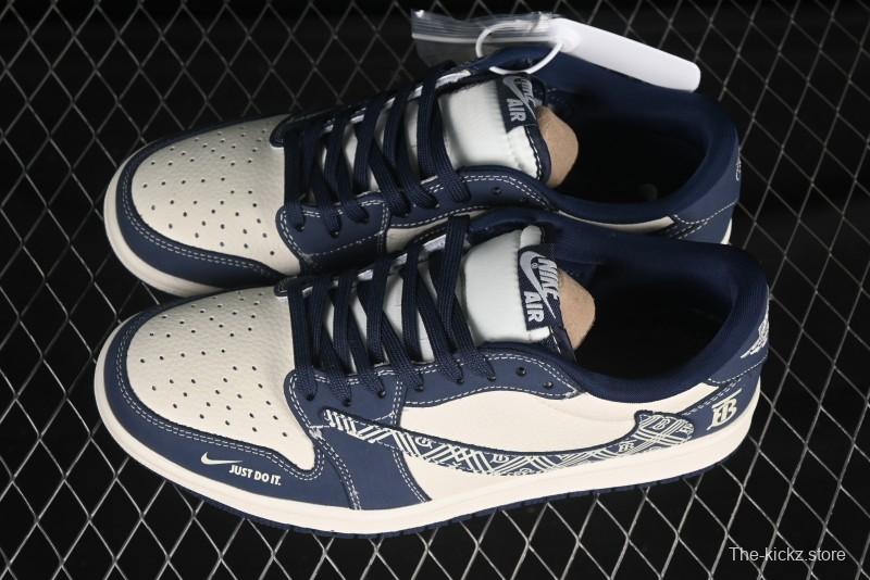 Nike Travis Scott x Fragment Design x Air Jordan 1 Low OG SP AJ1 Burberry Collaboration Dark Blue Swoosh Low-Top Casual Sneakers - LD2025-014