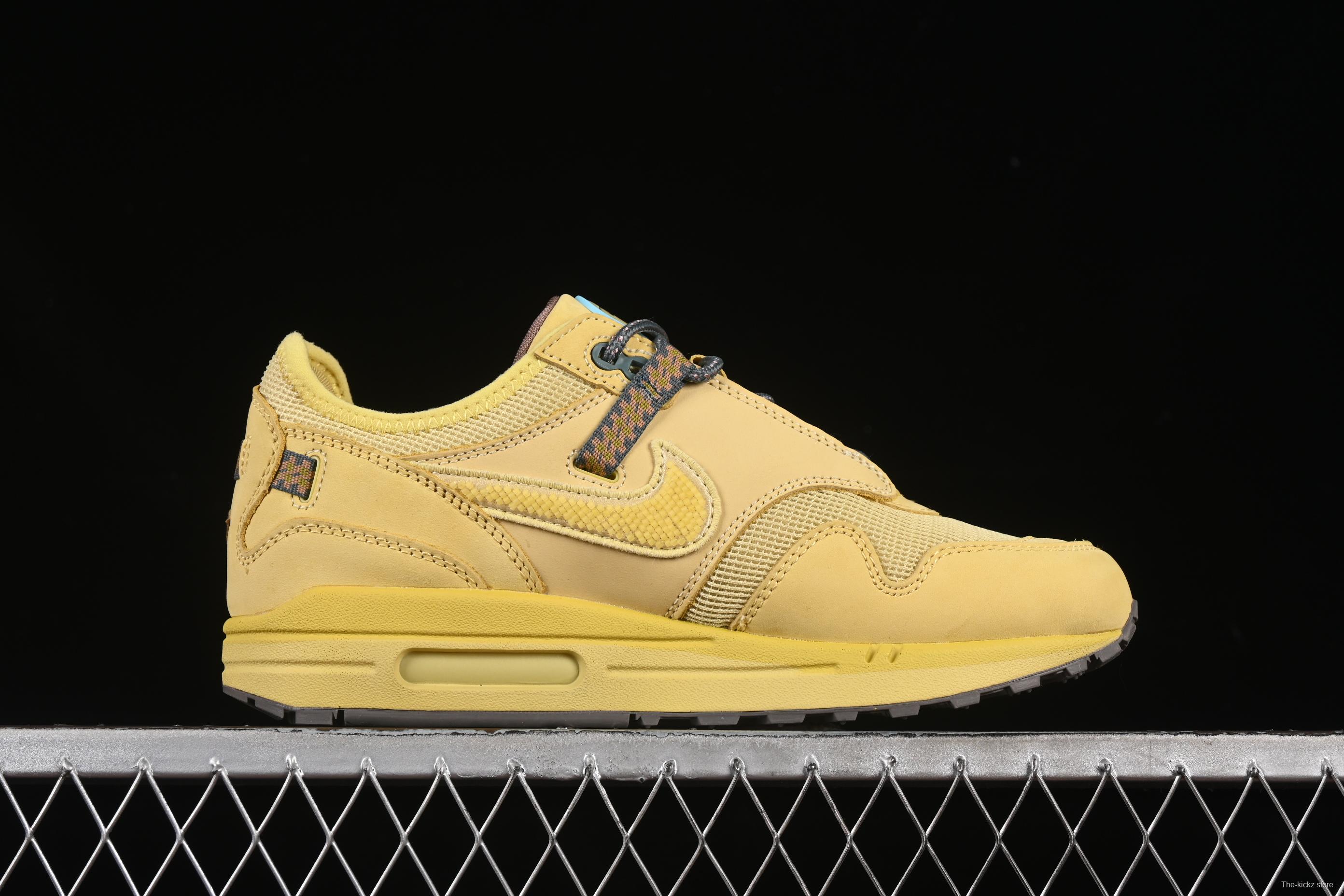 Nike Air Max 1 Travis Scott Collaboration Retro Running Shoes in Wheat Color with Reverse Swoosh - DO9392-700