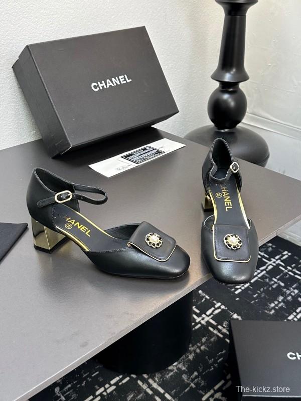 2025 Women CHANEL Black Leather Block Heel Metal Accent LY00360