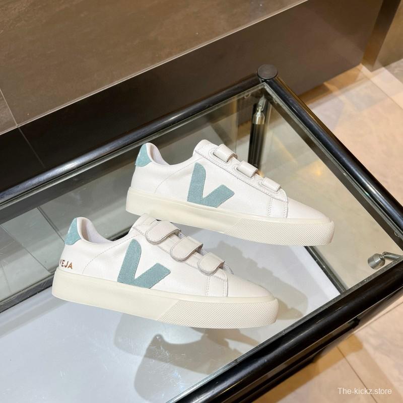 2025 Women VEJA White Blue Leather Canvas Vulcanized Sneakers MJ00240