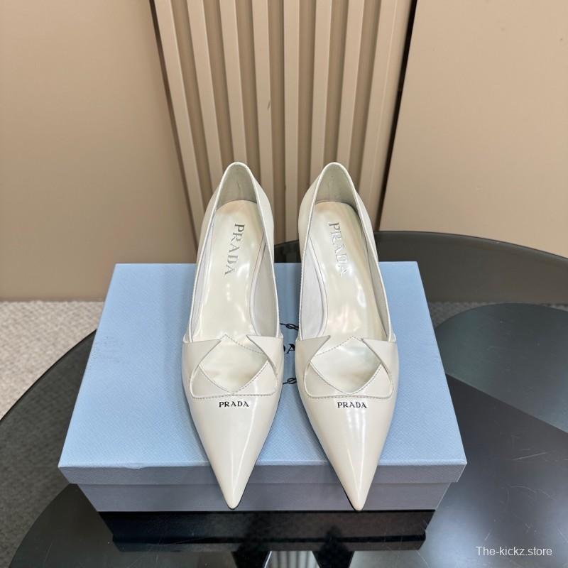 2025 Women Prada White Leather Pointed Toe Kitten Heel Pumps KFY00310