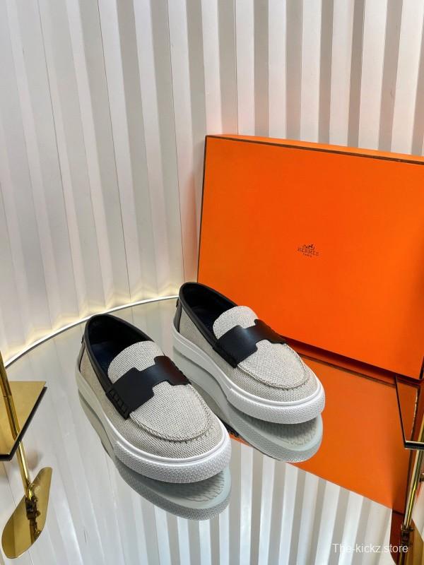 2025 Unisex Hermès Black White Leather Fabric Loafers LY00310(F)/LY00320(M)