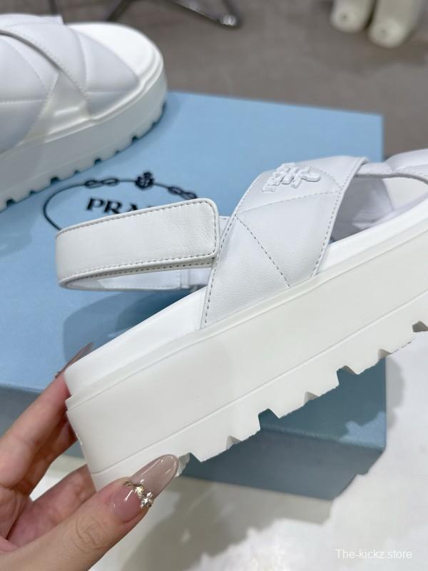 2025 Women Prada White Leather Sandals KFY00280