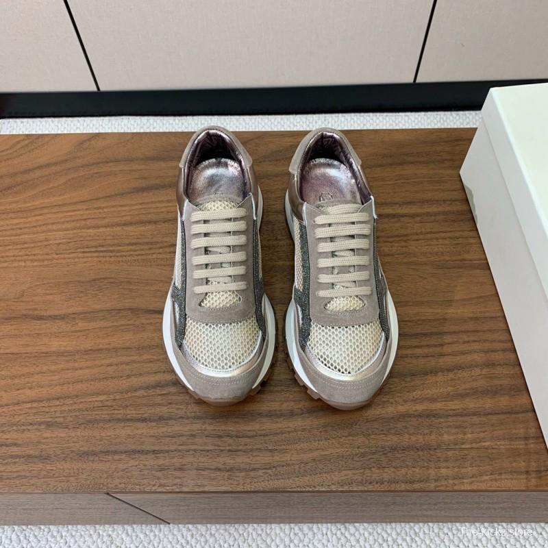 2025 Women Brunello Cucinelli Beige Brown Mesh Leather Sneakers