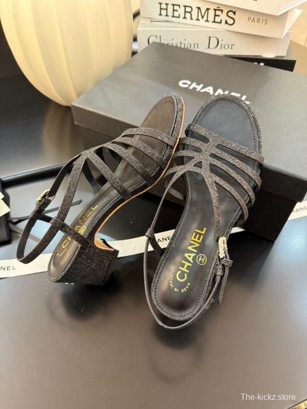 2025 Women Chanel Black Leather Sandals KFY00289
