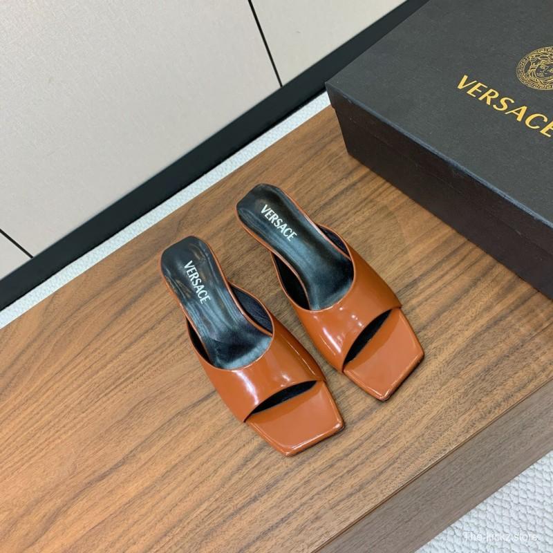 2025 Women VERSACE Brown Patent Leather Slippers