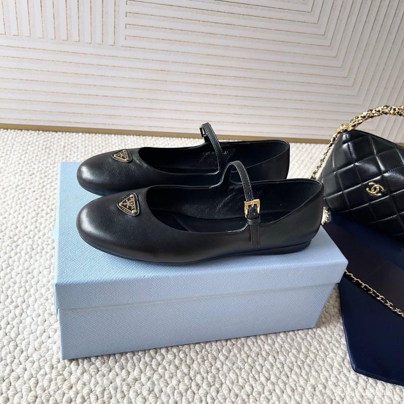 2025 Women Prada Black Leather Mary Jane Flat