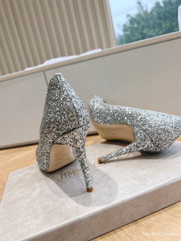 2025 Women Jimmy Choo Silver Glitter Leather Pointed Toe Pumps