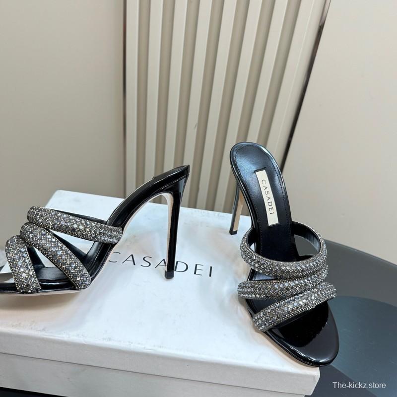 2025 Women Casadei Black Rhinestone Leather High Heels KFY00290
