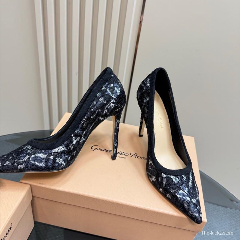 2025 Women Gianvito Rossi Black Lace Leather High Heel KFY00280