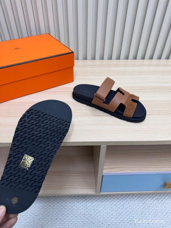 2025 Slippers Hermès Brown Black Leather Nubuck Slippers