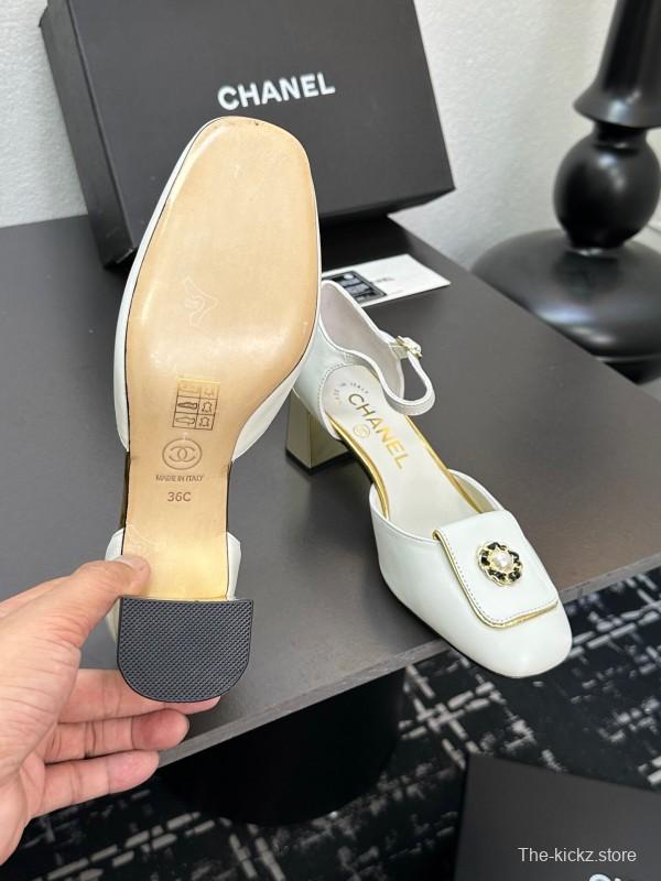 2025 Women Chanel White Leather Chunky Heel Metal Decoration LY00360