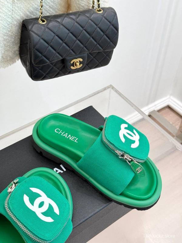 2025 Slippers Chanel Green Canvas Women Slippers KFY00220