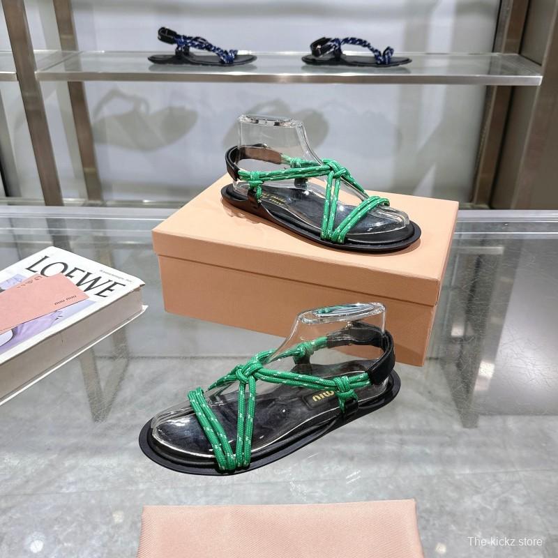 2025 Women Miu Miu Green Black Rope Leather Sandals