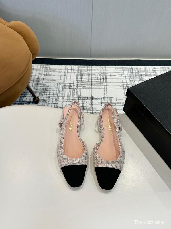 2025 Women Chanel Pink Black Mixed Leather Tweed Slingback Flats
