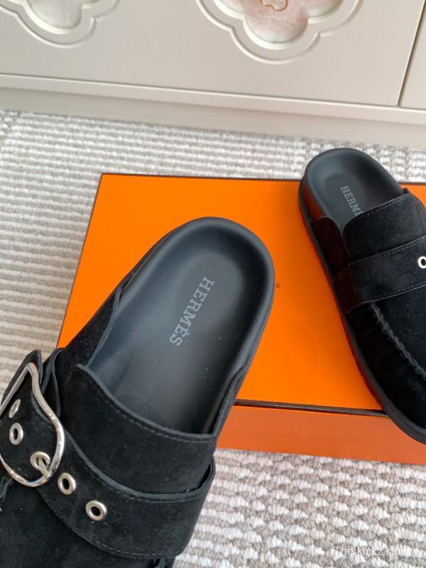 2025 Women Hermès Black Suede Mule Shoes Buckle KFY00290