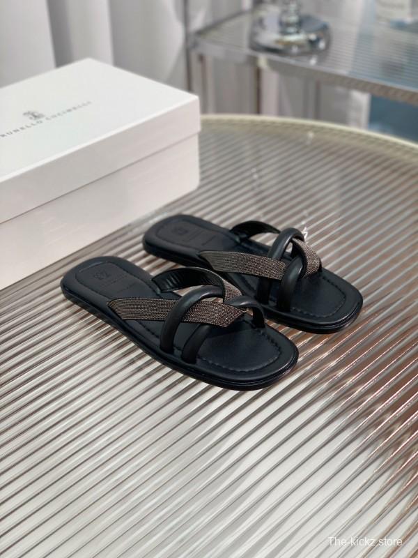 2025 Women Brunello Cucinelli Black Leather Flat Slides With Handwoven Beaded Straps KFY00300 (F)