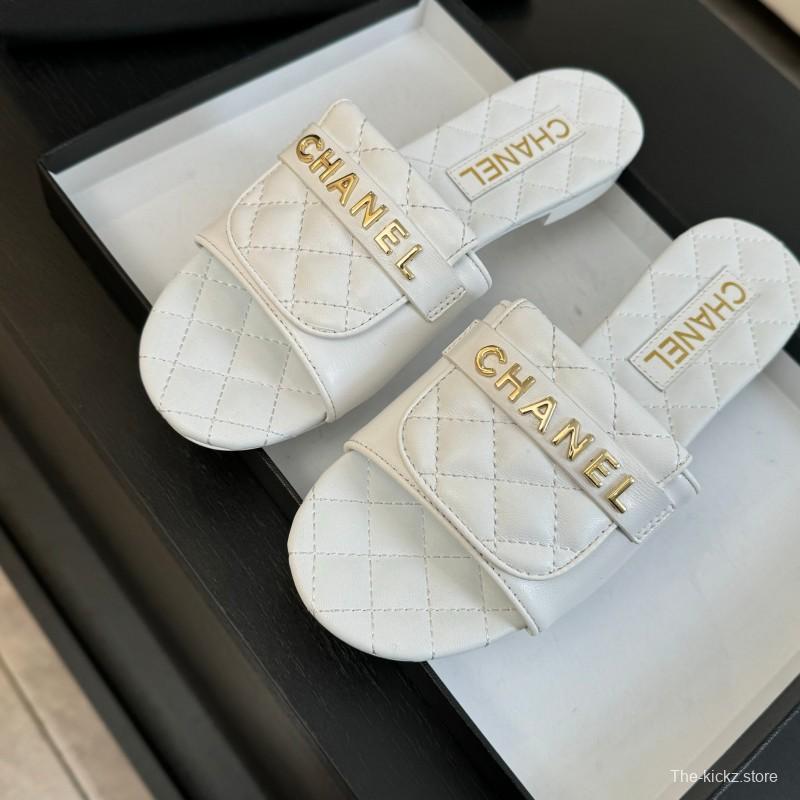 2025 Women Chanel White Leather Slippers