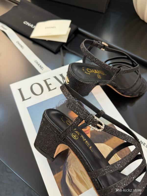 2025 Women Chanel Black Leather Sandals KFY00289