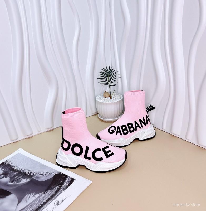 2024 Kids Dolce & Gabbana Black White Pink Knit Fabric Sneakers