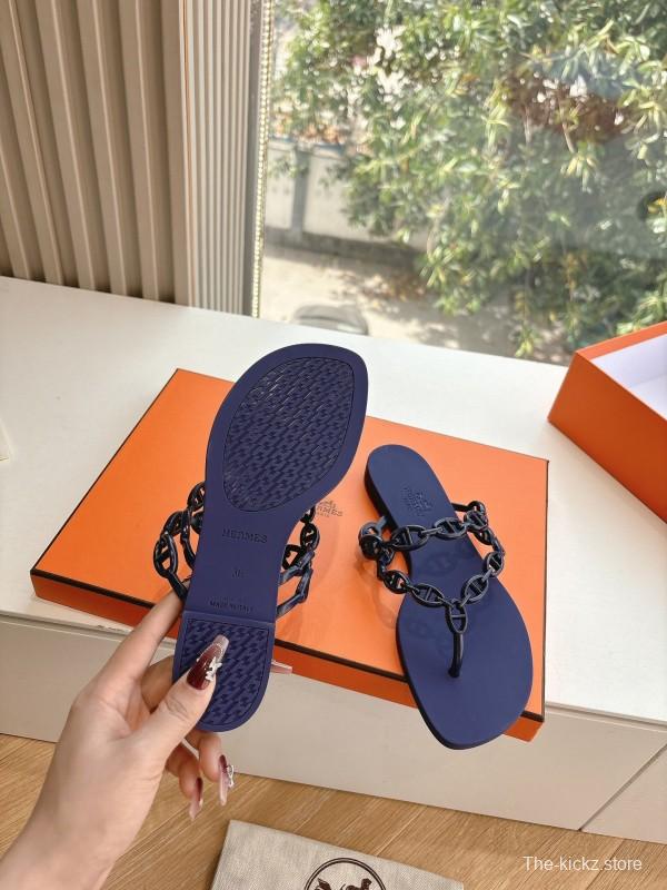 2025 Women Hermès Purple Rubber Chain Thong Sandals LY00360(F)