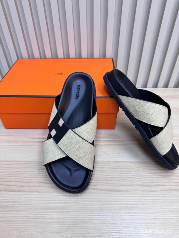 2025 Slippers Hermès Black Ivory Leather Cross Strap