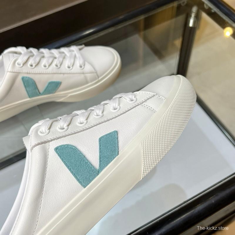 2025 VEJA White Blue Leather Canvas Slip-On Sneakers