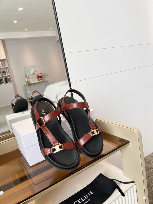 2025 Women Celine Brown Leather Flat Rome Sandals LY00220