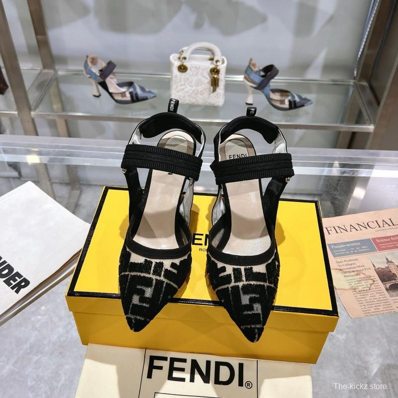 2025 Women Fendi Black Beige Fabric Leather High Heel MJ00280