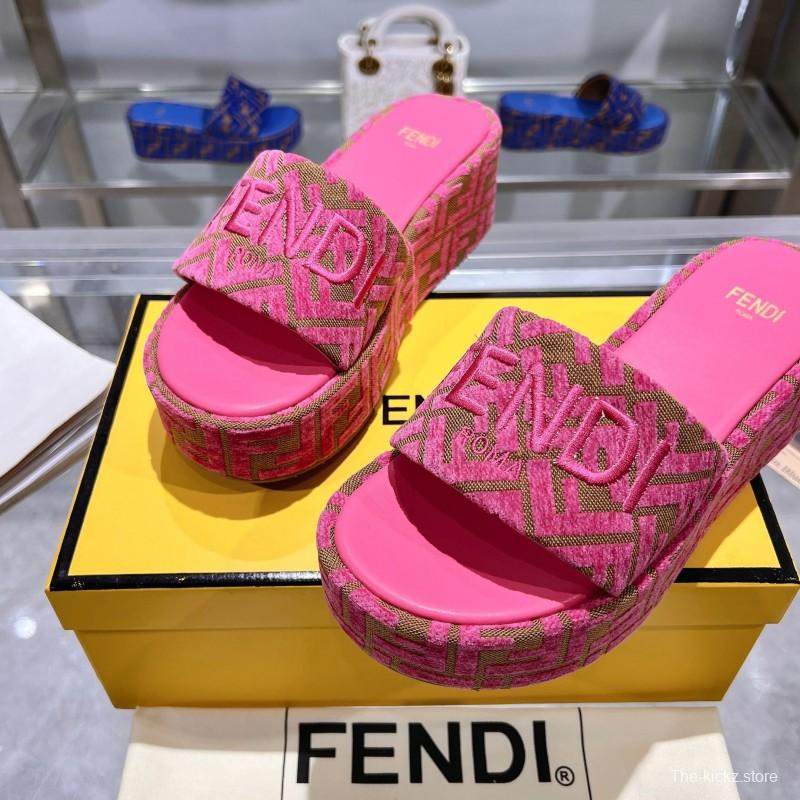 2025 Women Fendi Pink Canvas Slippers FF Jacquard KFY00240