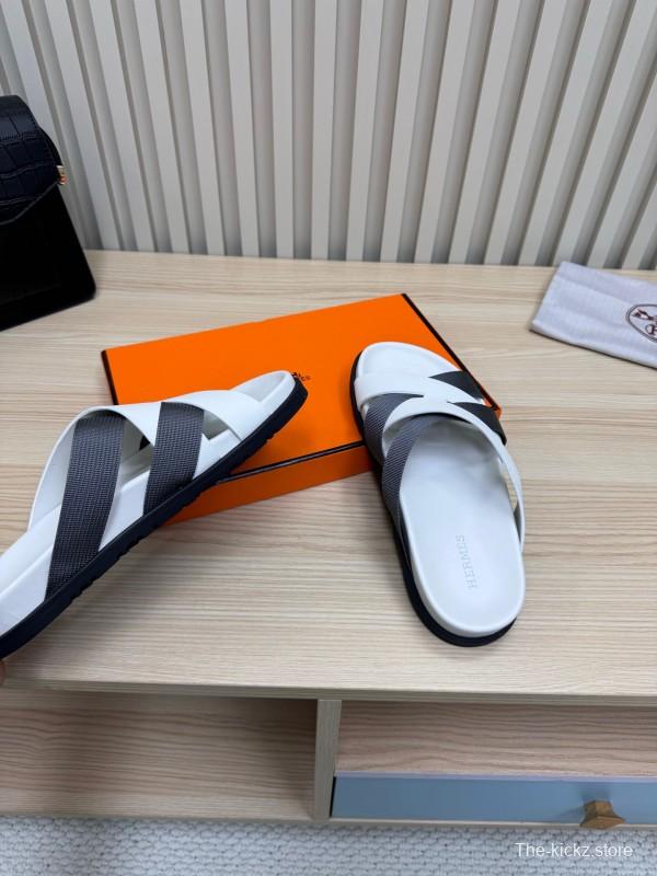 2025 Men Hermès White Black Leather Slippers