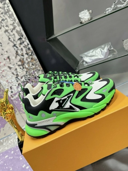 2025 Men Louis Vuitton Green Black White Mesh Leather Sneakers MJ00420