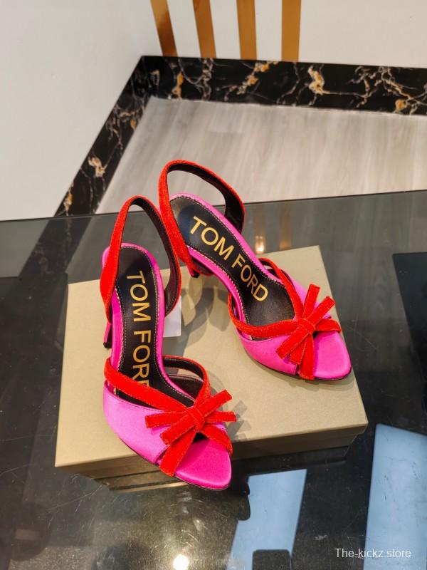2025 Women TOM FORD Pink Red Velvet Silk High Heel Open Back Sandals
