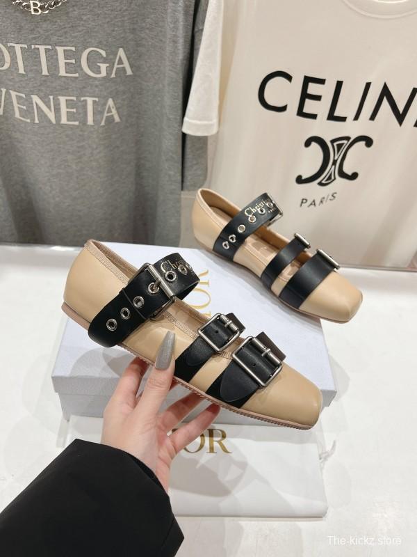 2025 Women Dior Beige Black Leather Mary Jane Buckle KFY00300
