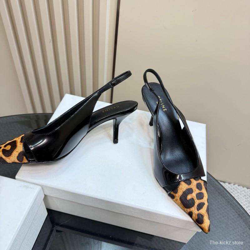 2025 Women CELINE Black Leopard Print Patent Leather Slingback Pumps