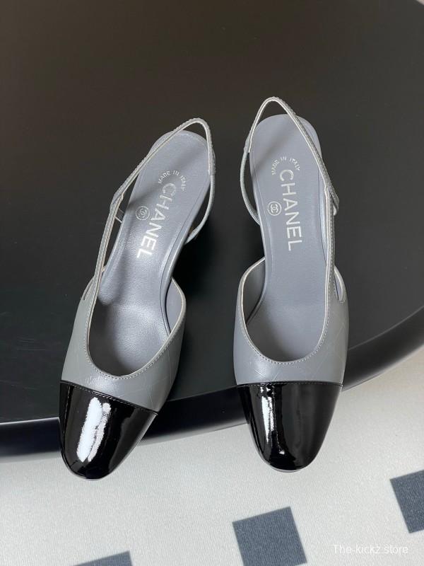 2025 Women Chanel Grey Black Leather Sling-back Heel