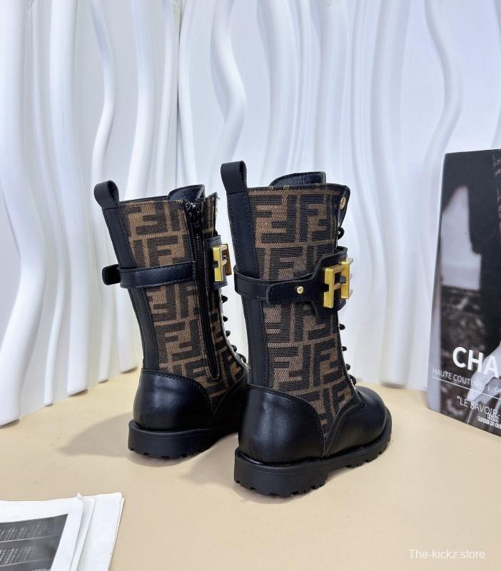 2024 Kids Fendi Black Brown Leather Fabric Boots