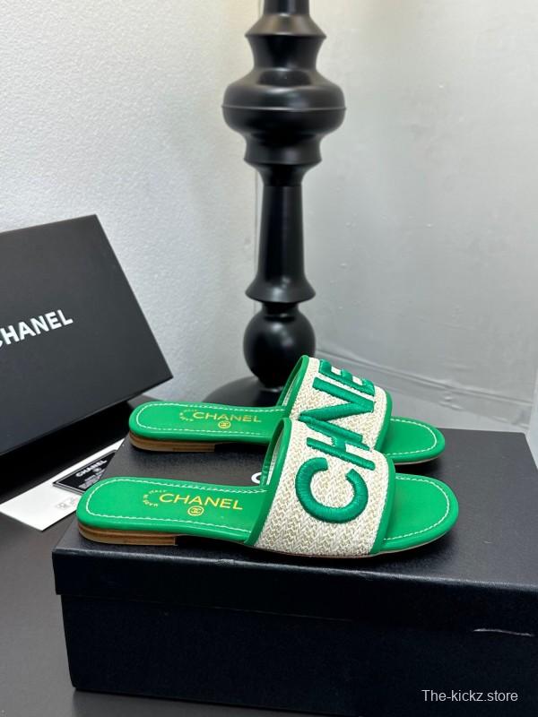 2025 Women Chanel Green Canvas Slippers