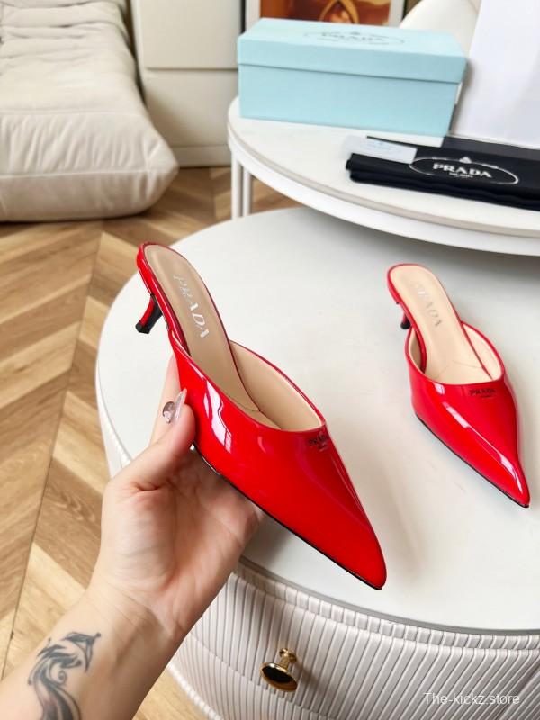 2025 Women Prada Red Patent Leather High Heel Mules LY